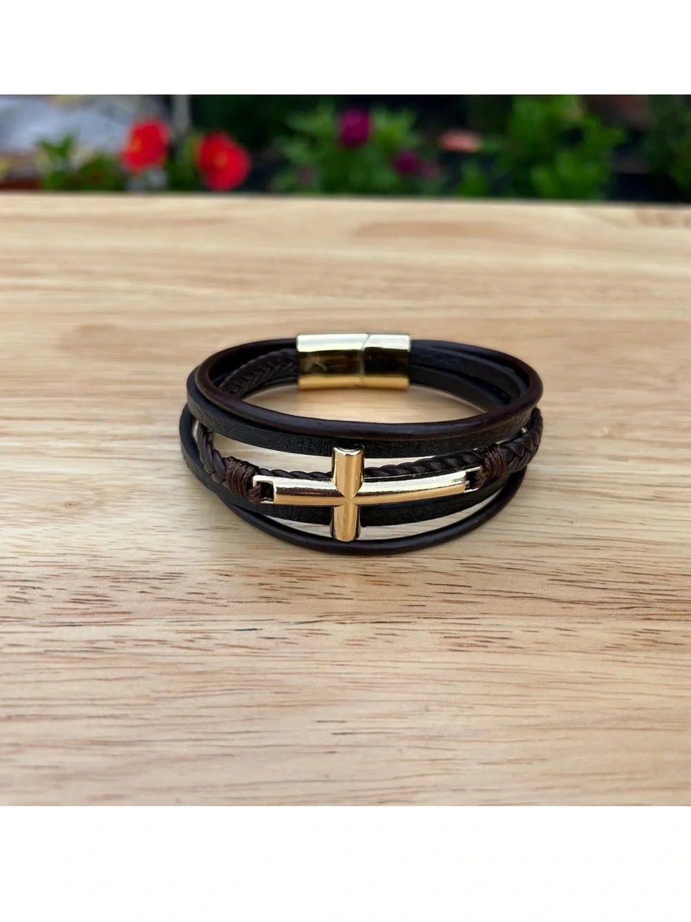 Leather Hand Woven Bracelet Men’s Brown Gold Cross Design Multi Layer BT6